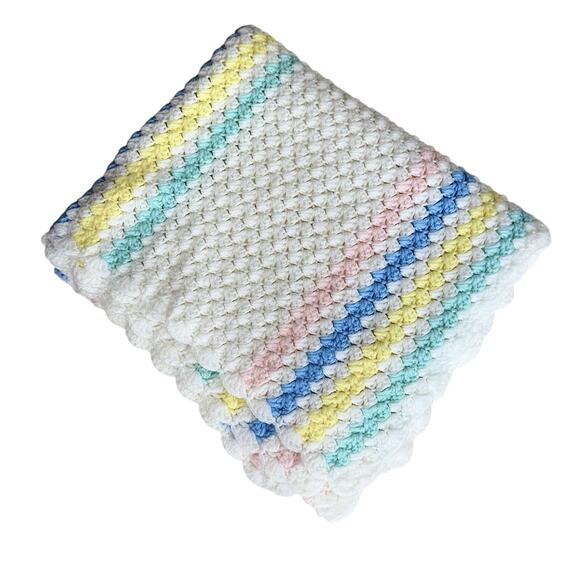 Handmade Other - Vintage Handmade Crochet Baby Blanket – Pastel Stripes Rainbow 48x30